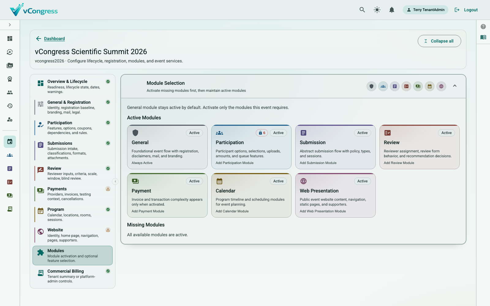 vCongress event editor with the modules and features of a scientific congress